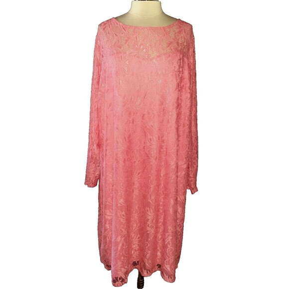 JESSICA LONDON Size 30W Shift Dress Pink Floral Lace Long Sleeve Stretch - Picture 1 of 6